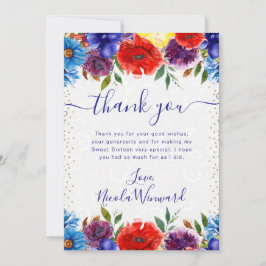 Rode en Blauwe Zomerbloemen Sweet 16 Bedankkaart