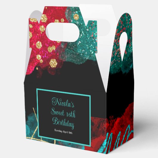 Rode en blauwgroen Alcoholinkt Sweet 16 Bedankdoosjes (Geopend)