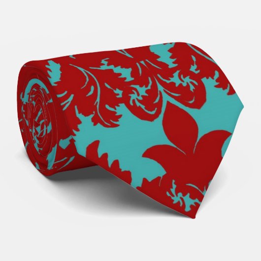 rode en blauwgroen aqua bold intrict damask stropdas (Opgerold)