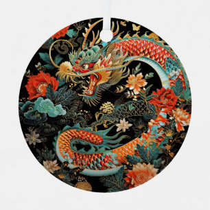 Rode en Blauwgroen Aziatische draak met bloemen Metalen Ornament