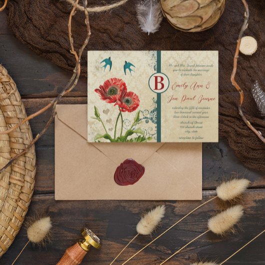 Rode en Blauwgroen Blauwe Tortelduifjes Damask Pop Kaart