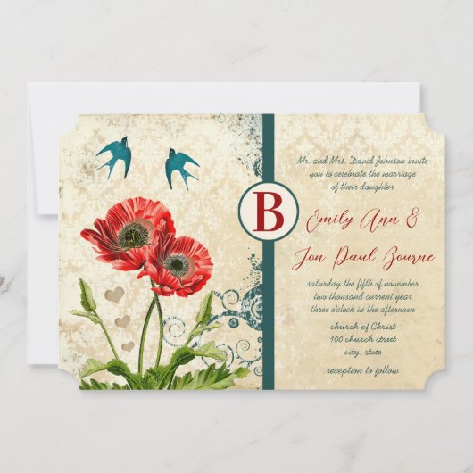 Rode en Blauwgroen Blauwe Tortelduifjes Damask Pop Kaart (Voorkant)