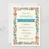 Rode en blauwgroen bloemenborder vrouwen verjaarda kaart (Voorkant)