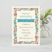 Rode en blauwgroen bloemenborder vrouwen verjaarda kaart (Staand voorkant)