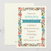 Rode en blauwgroen bloemenborder vrouwen verjaarda kaart (Voorkant / Achterkant)