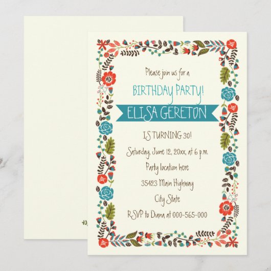 Rode en blauwgroen bloemenborder vrouwen verjaarda kaart (Voorkant / Achterkant)