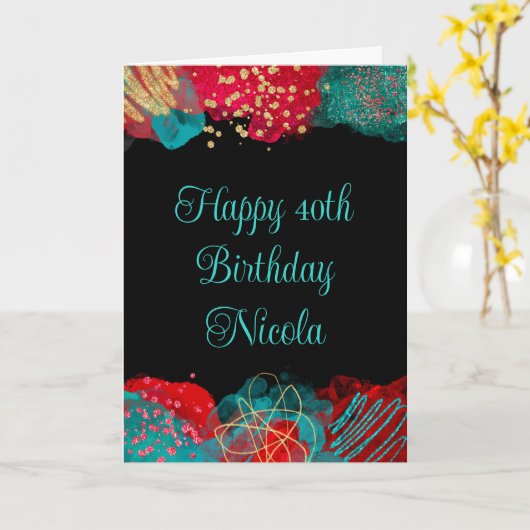 Rode en Blauwgroen Blue Alcohol Ink Verjaardag Kaart (Gele Bloem)