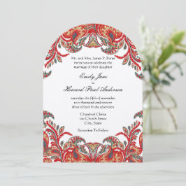 Rode en Blauwgroen Paisley Peacock Damask Wedding Kaart