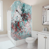Rode en blauwgroen splatters douchegordijn (In situ)