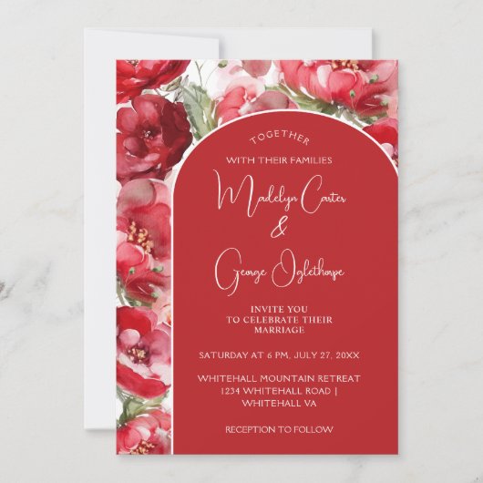 Rode en blozen Rozen boogvormige huwelijksuitnodig Kaart (Voorkant)