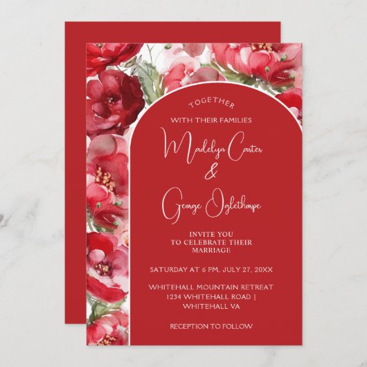 Rode en blozen Rozen boogvormige huwelijksuitnodig Kaart (Voorkant / Achterkant)