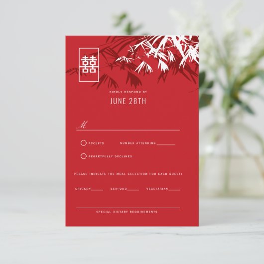 Rode en Bourgogne Bamboe trekt het Chinese huwelij RSVP Kaartje (Staand voorkant)