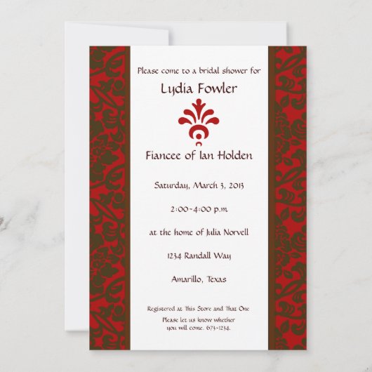 Rode en bruine Brocade Bridal Shower Kaart (Achterkant)