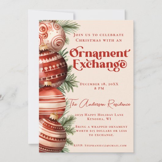 Rode en Cream Kerst Ornament Exchange Kaart (Voorkant)