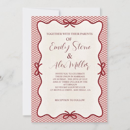 Rode en crème overlay foto bruiloft Uitnodiging (Voorkant)