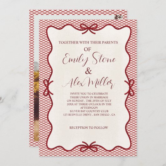 Rode en crème overlay foto bruiloft Uitnodiging (Voorkant / Achterkant)