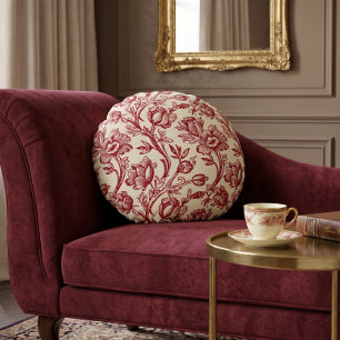Rode en Crème Tulpen Toile - Frans Landelijk Decor Rond Kussen