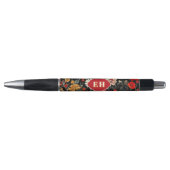 Rode en Donkere Crème Bloemen Monogram Pen (Voorkant)