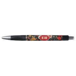 Rode en Donkere Crème Bloemen Monogram Pen