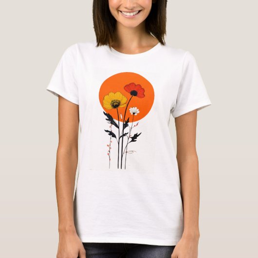 Rode en gele bloemen met zon t-shirt (Voorkant)