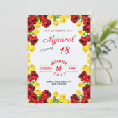 Rode en gele bloemen uitnodiging voor de verjaarda (Staand voorkant)