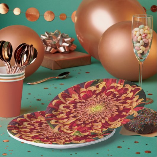 Rode en gele chrysant bloemen papieren bordje (Multi)