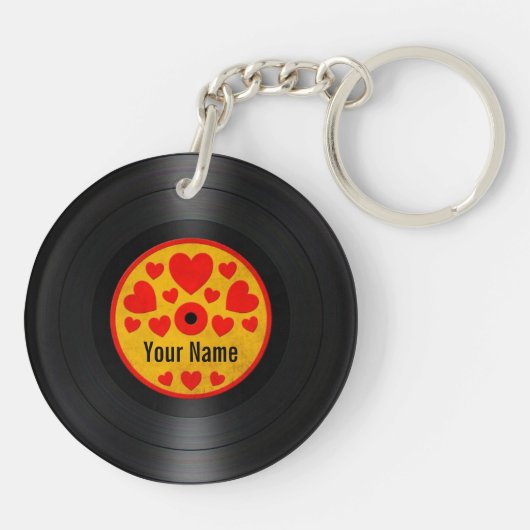 Rode en gele harten Gepersonaliseerd vinylrecord Sleutelhanger (Achterkant)