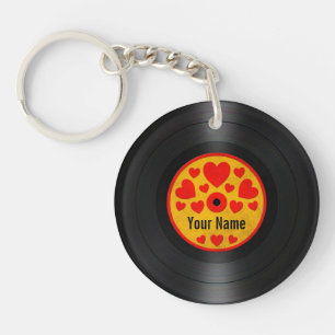 Rode en gele harten Gepersonaliseerd vinylrecord Sleutelhanger