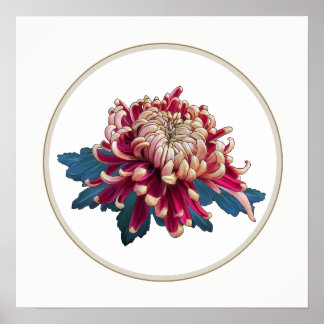 rode en gele Japanse chrysanthemum witte cirkel Poster