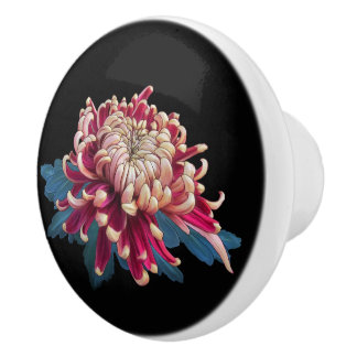 rode en gele Japanse chrysanthemum zwart Keramische Knop
