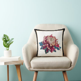 rode en gele Japanse chrysanthemum zwart Kussen