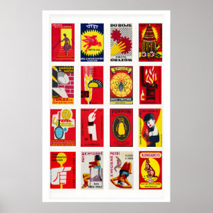 Rode en gele luciferdoosje labelcollage, vette kle poster