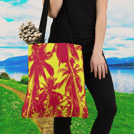 Rode en gele palmbomen ontwerpen funky tote bag
