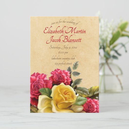  Rode en Gele Rozen Bloemenbruiloft, roze Kaart (Staand voorkant)