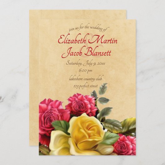 Rode en Gele Rozen Bloemenbruiloft, roze Kaart (Voorkant / Achterkant)