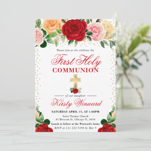 Rode en Gele Rozen Eerste Heilige Communie Kaart (Staand voorkant)