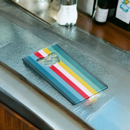 Rode en gele strepen tussen blauwe tinten creditkaart flessenopener