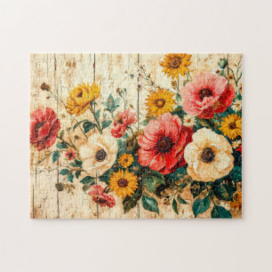 Rode en Gele Tuinbloemen op Hout Legpuzzel