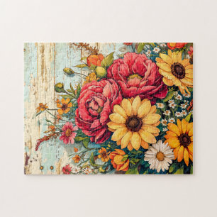 Rode en Gele Tuinbloemen op Hout Legpuzzel