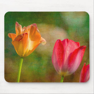 Rode en gele tulpen op een textuur achtergrond muismat