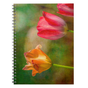 Rode en gele tulpen op een textuur achtergrond notitieboek