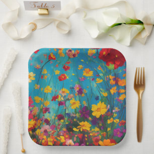 Rode en gele wilde bloemen op gedurfde Blauwgroen Papieren Bordje