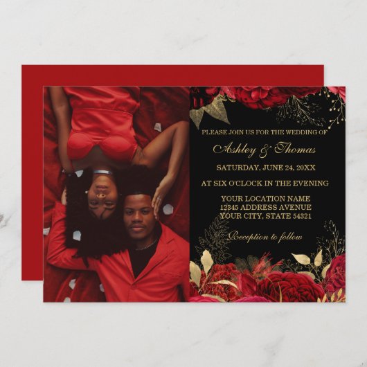 RODE EN GOUDE ELEGANT ROOS WEDDING INVITATIONS KAART (Voorkant / Achterkant)