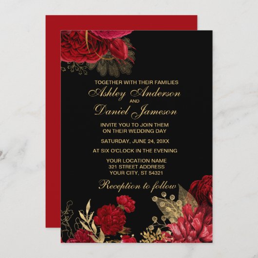 RODE EN GOUDE ELEGANT ROOS WEDDING INVITATIONS KAART (Voorkant / Achterkant)
