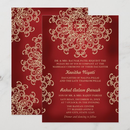 RODE EN GOUDE INDIAANSE STYLWEDINGINVITATIE KAART (Voorkant / Achterkant)