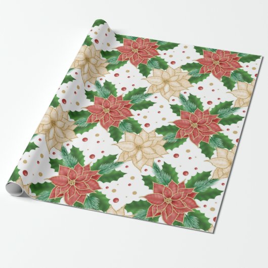 RODE EN GOUDE POINTSETTIA CHRISTMAS BLOOTSEN CADEAUPAPIER (Uitgerold)