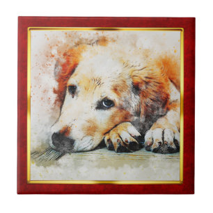 Rode en gouden abstracte hond afdruk met lijst tegeltje