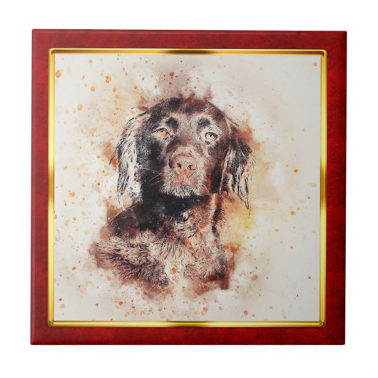 Rode en gouden abstracte hond afdruk met lijst tegeltje (Voorkant)