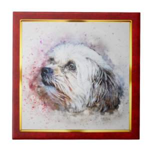 Rode en gouden abstracte hondprint met lijst tegeltje