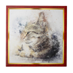 Rode en gouden abstracte kattenprint met lijst tegeltje